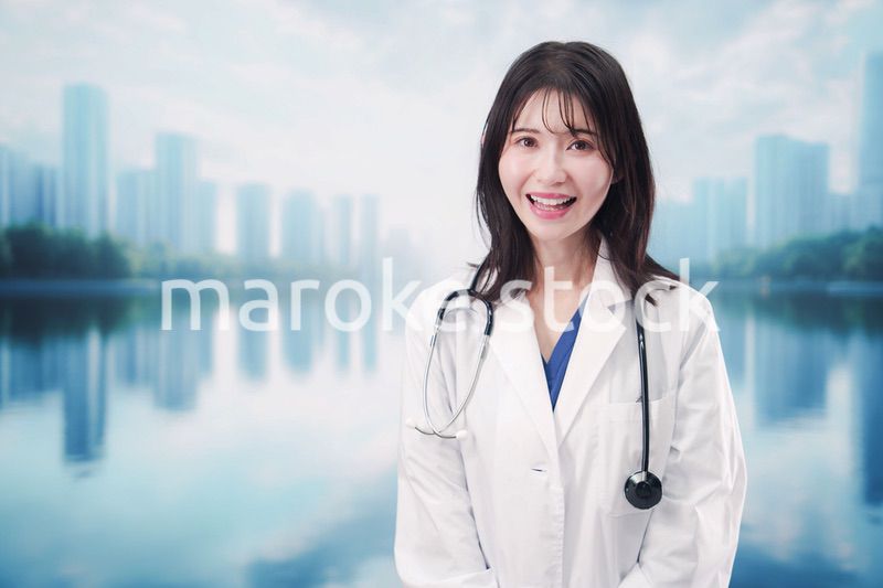 都会の外に立って笑顔の女性ドクター
