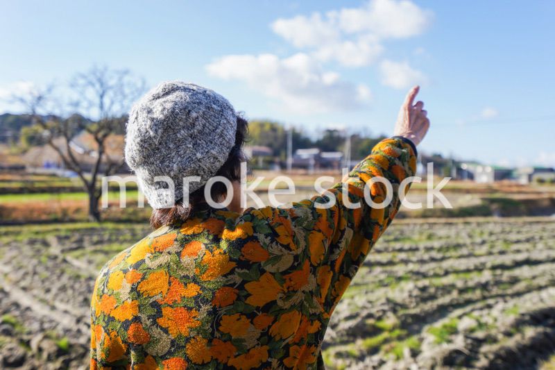 田舎で上を指差す高齢の女性