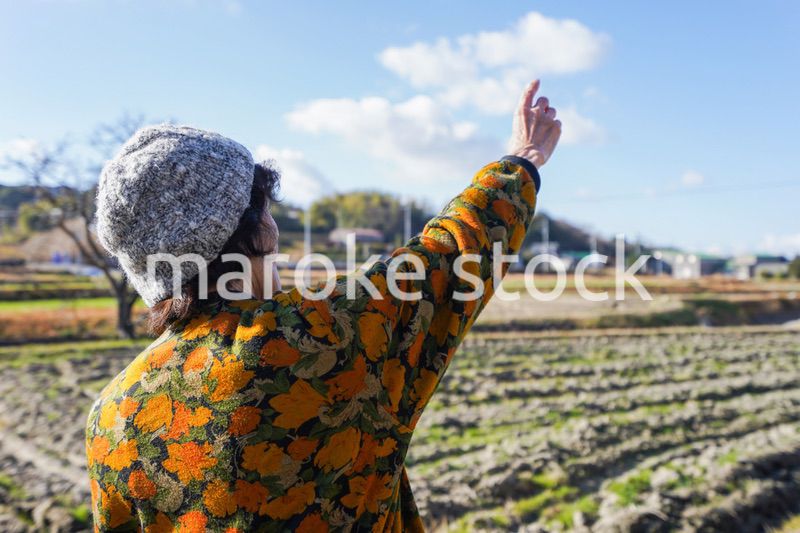 田舎で上を指差す高齢の女性
