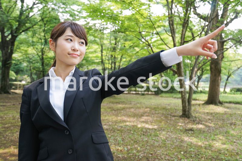 上を指さすビジネスウーマン