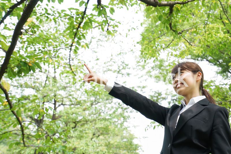 上を指さすビジネスウーマン