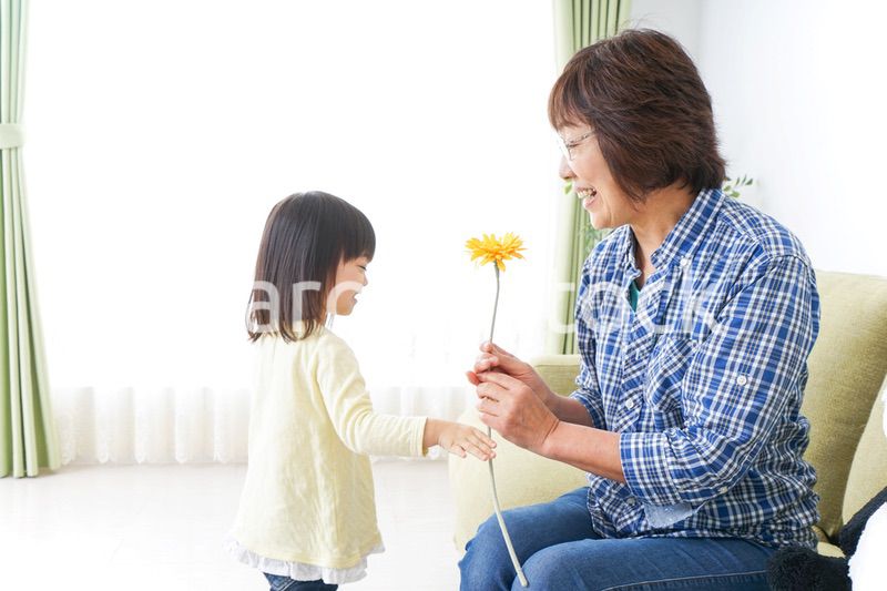 祖母に花をあげる子ども