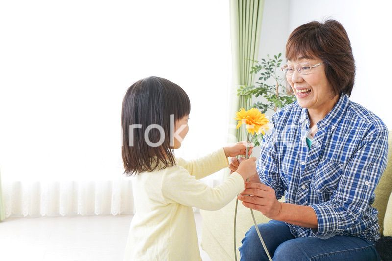 祖母に花をあげる子ども