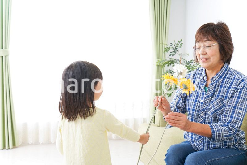 祖母に花をあげる子ども