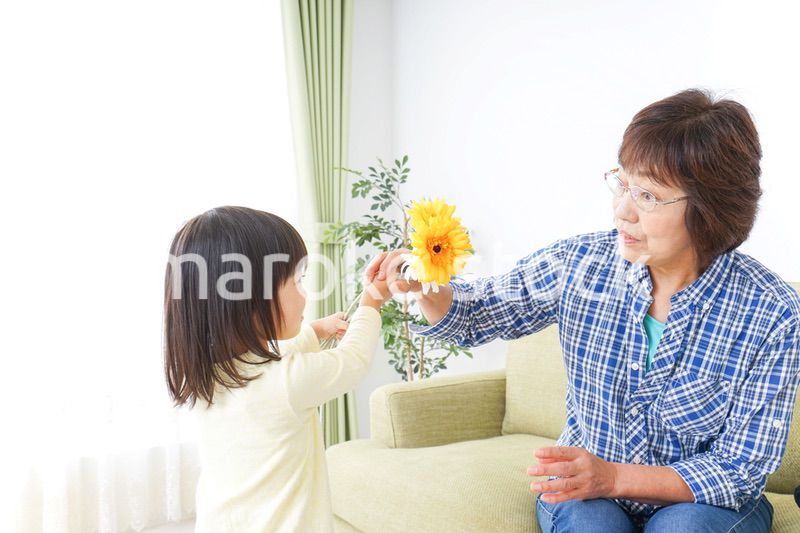 祖母に花をあげる子ども
