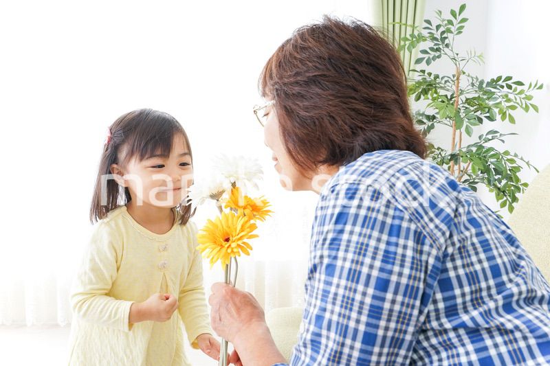 祖母に花をあげる子ども