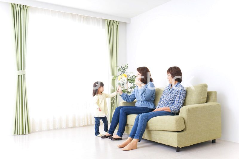 おばあちゃんにお花を渡す子供