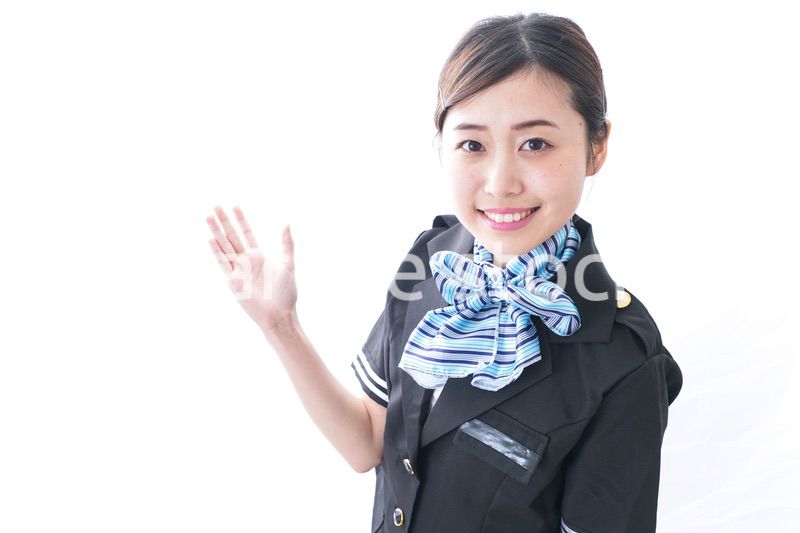 指をさすキャビンアテンダント