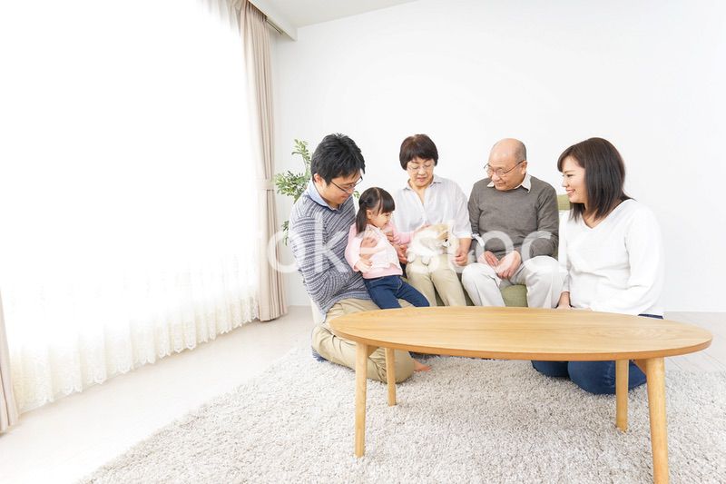 犬の世話をする3世代家族