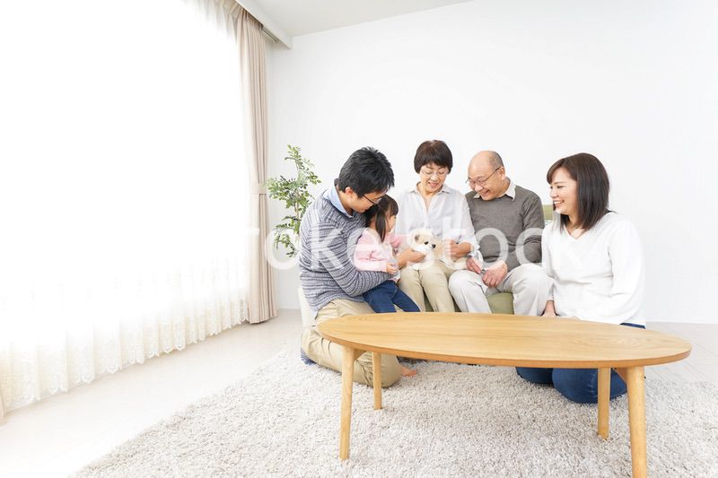 犬の世話をする3世代家族