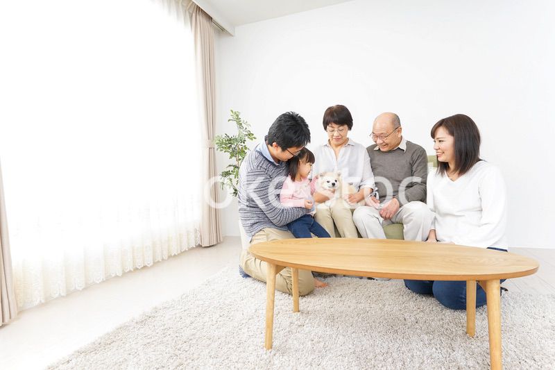 犬の世話をする3世代家族