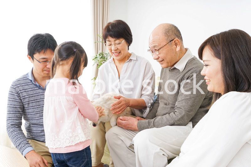 犬の世話をする3世代家族