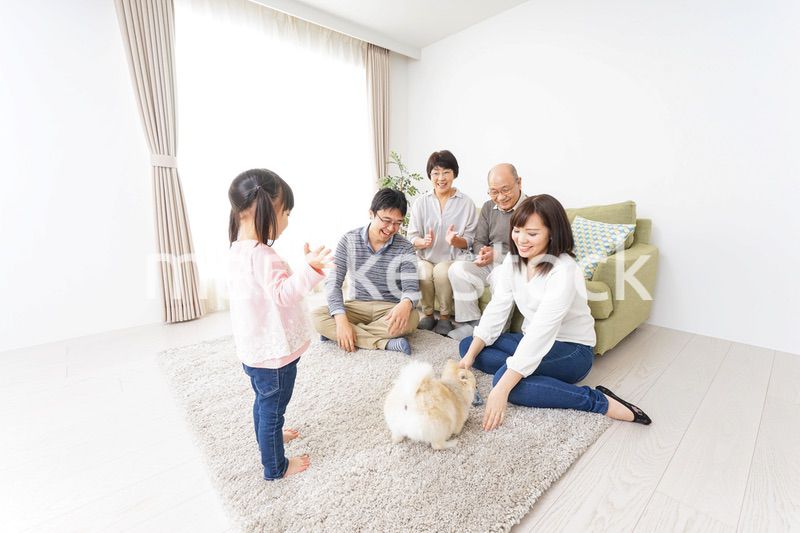 家族で犬と遊ぶ幸せな三世代ファミリー