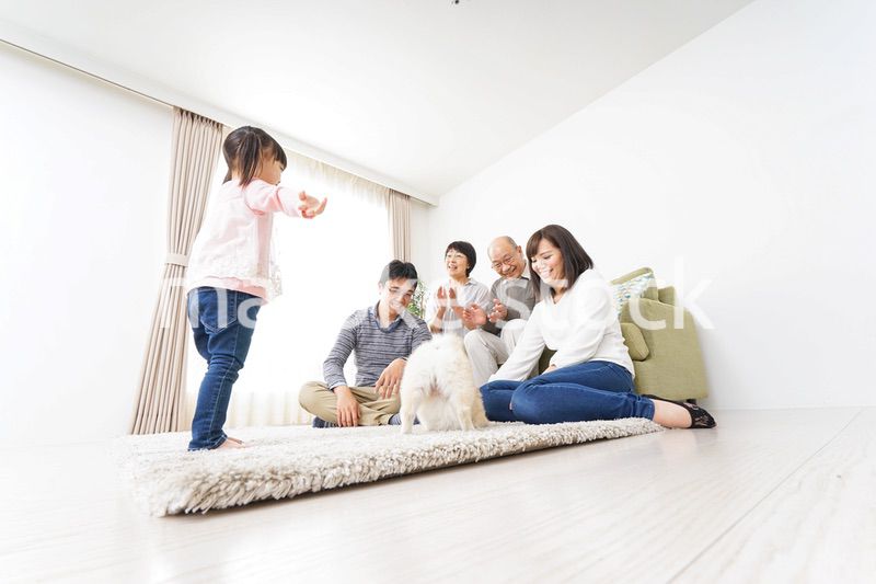 家族で犬と遊ぶ幸せな三世代ファミリー