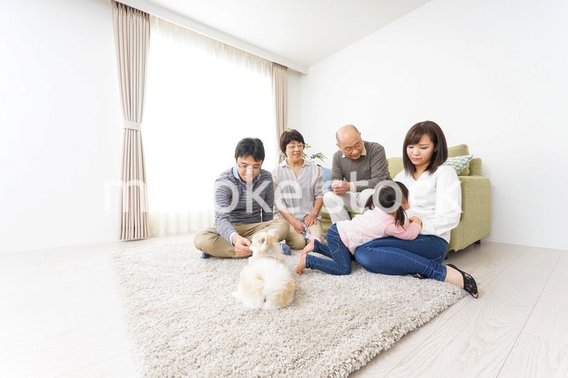 家族で犬と遊ぶ幸せな三世代ファミリー