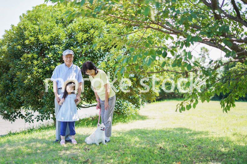 祖父母と外で遊ぶ小さな女の子