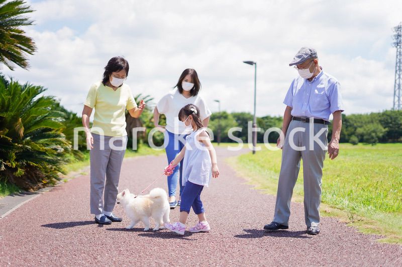 マスクをして散歩をする家族