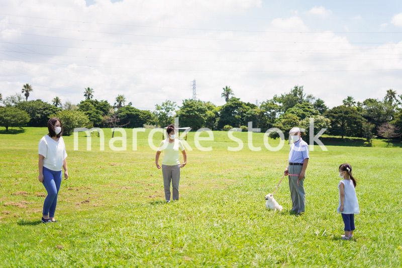 マスクをして散歩をする家族