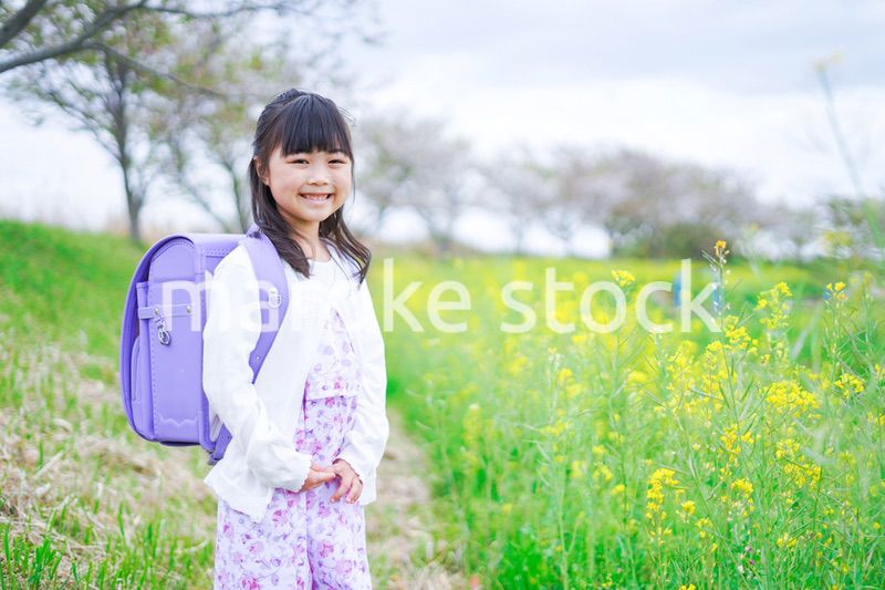 登校中にお花畑で遊ぶ小さな女の子