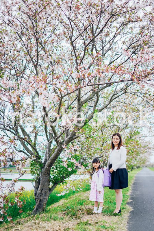 入学式に行く女の子とお母さん