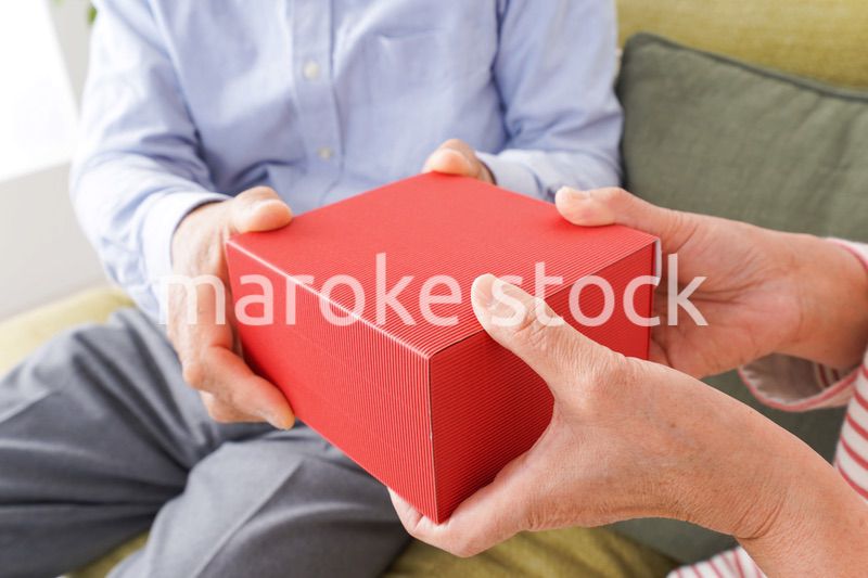 プレゼントを渡す高齢の夫婦