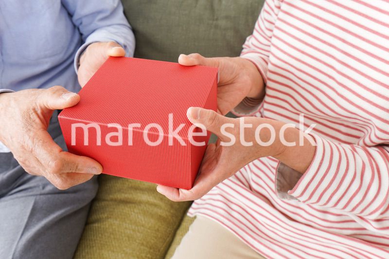 プレゼントを渡す高齢の夫婦