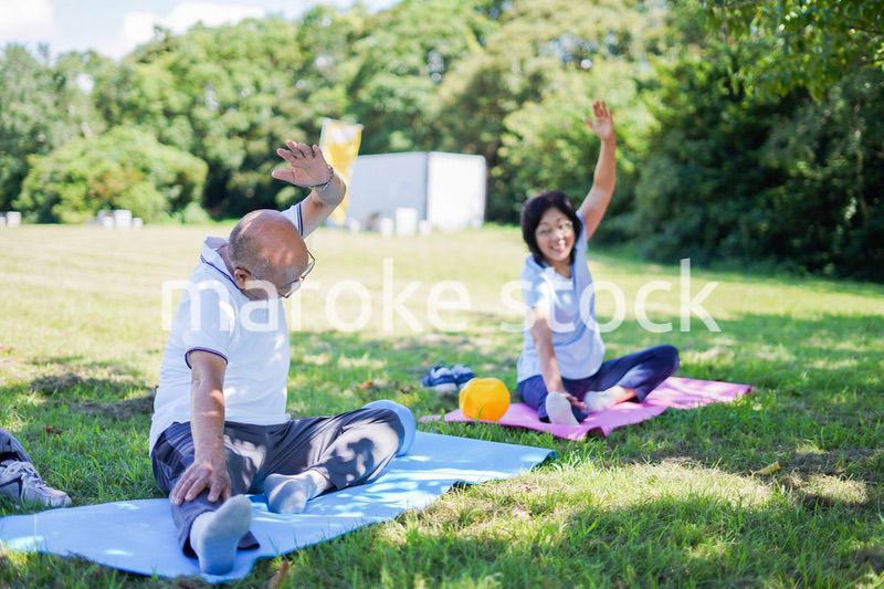 野外でヨガをする高齢者