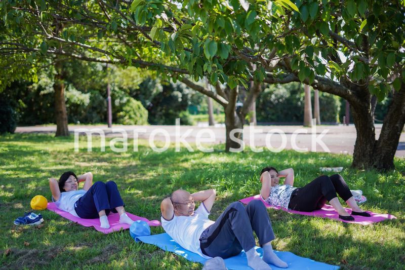 野外でヨガをする高齢者