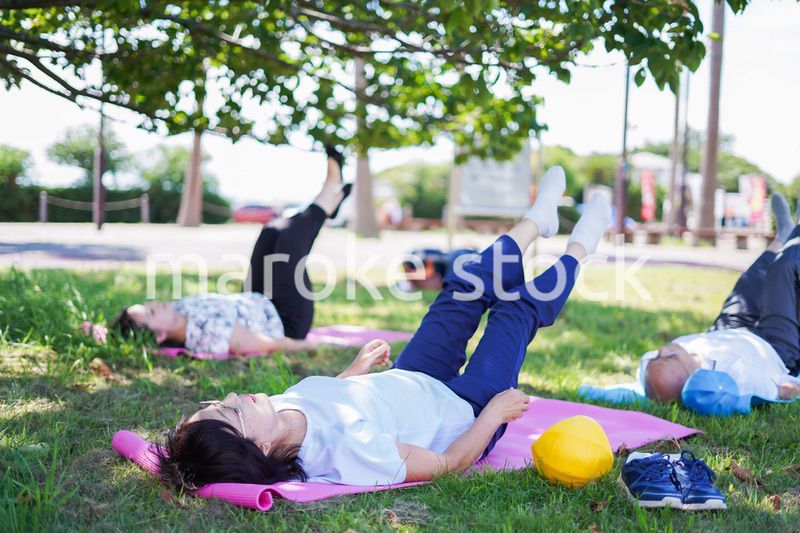 野外でヨガをする高齢者