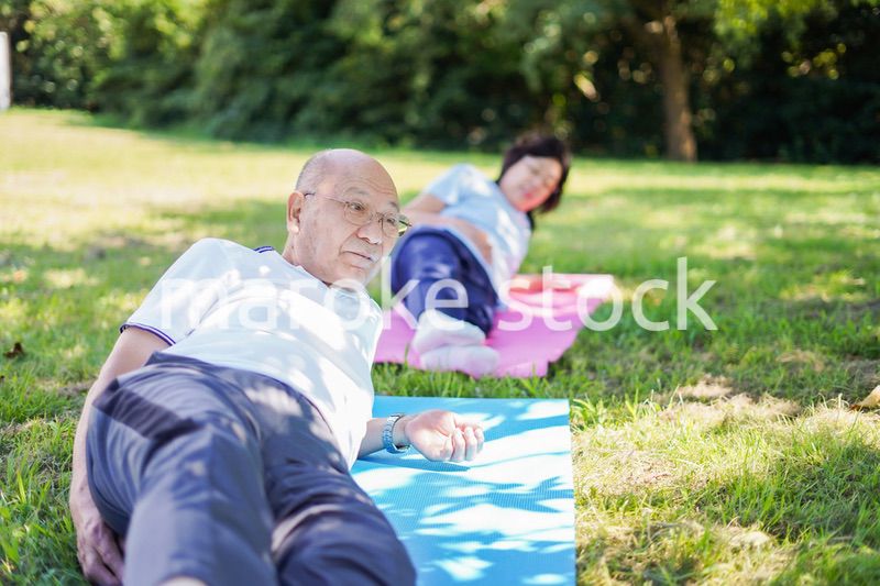 野外でヨガをする高齢者