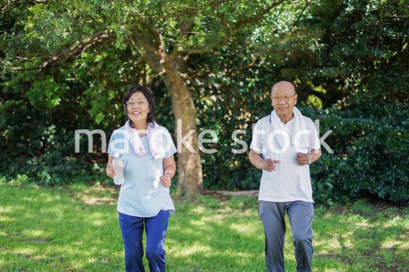 野外でランニングをする高齢の夫婦