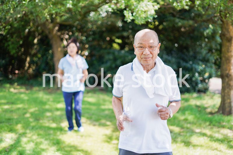 野外でランニングをする高齢の夫婦