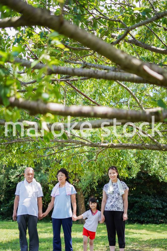 野外で楽しくランニングをする家族