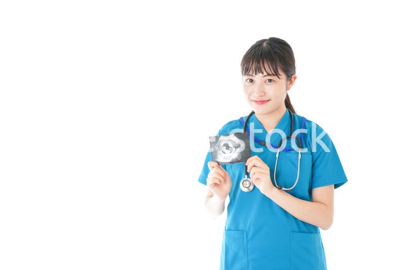 妊婦のエコー画像と笑顔の若いナース