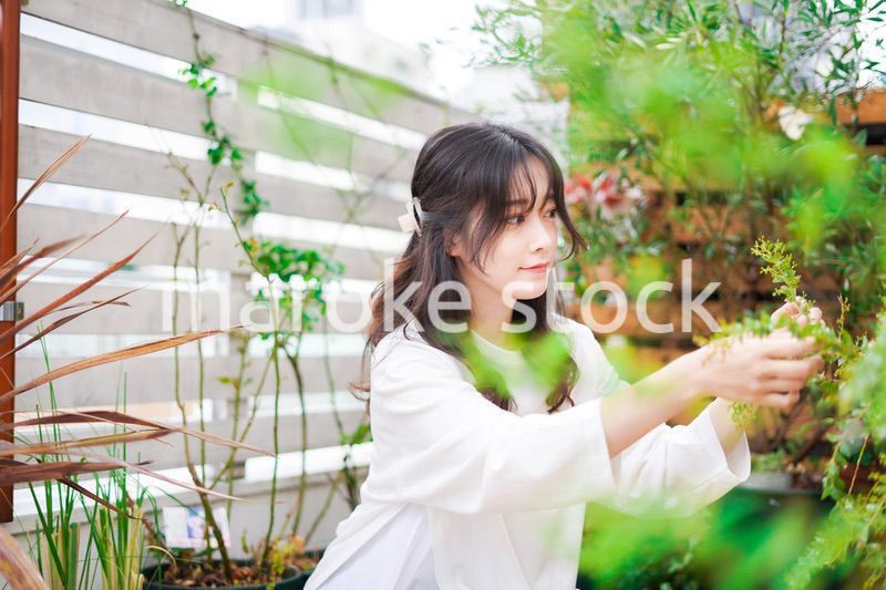 庭でガーデニングをする若い女性