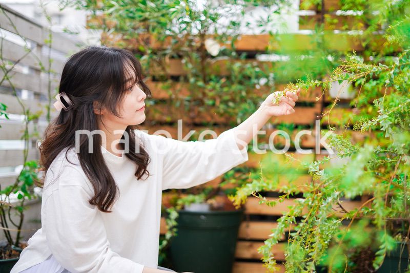 庭でガーデニングをする若い女性