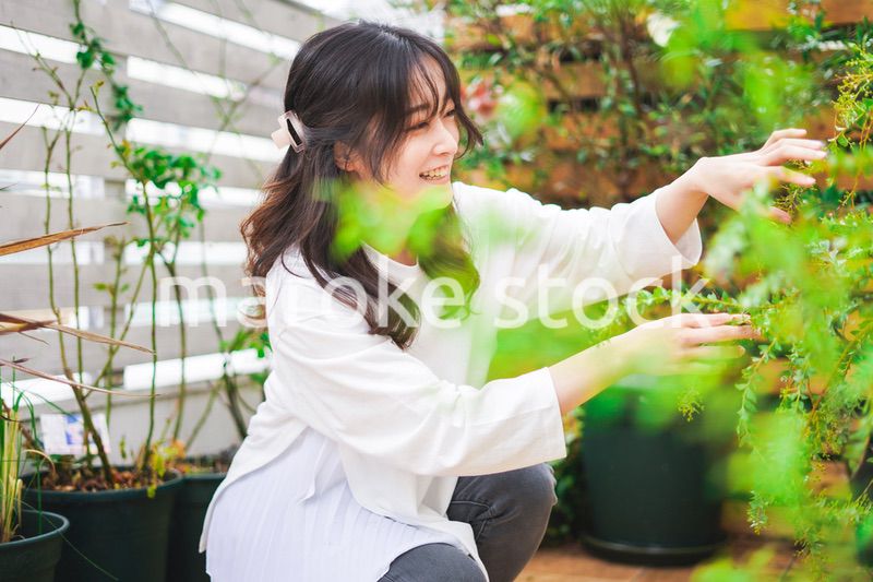 庭でガーデニングをする若い女性