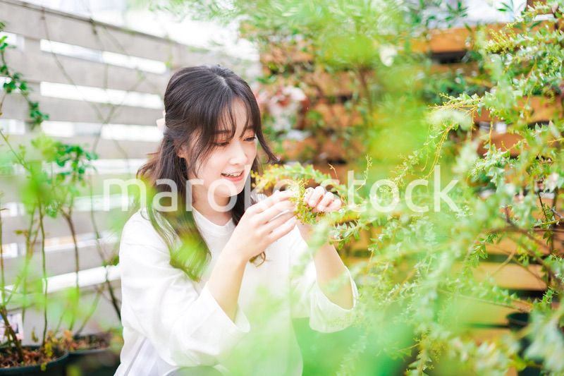 庭でガーデニングをする若い女性