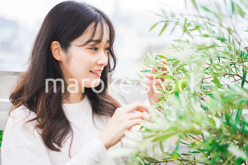 家でガーデニングをする若い女性