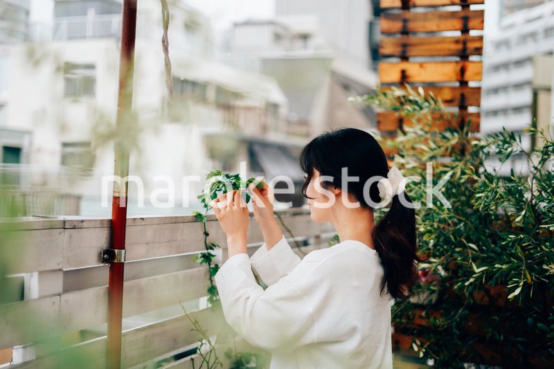 庭でガーデニングをする若い女性