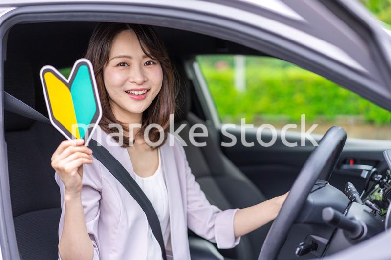 初心者マークを持った若い女性ドライバー
