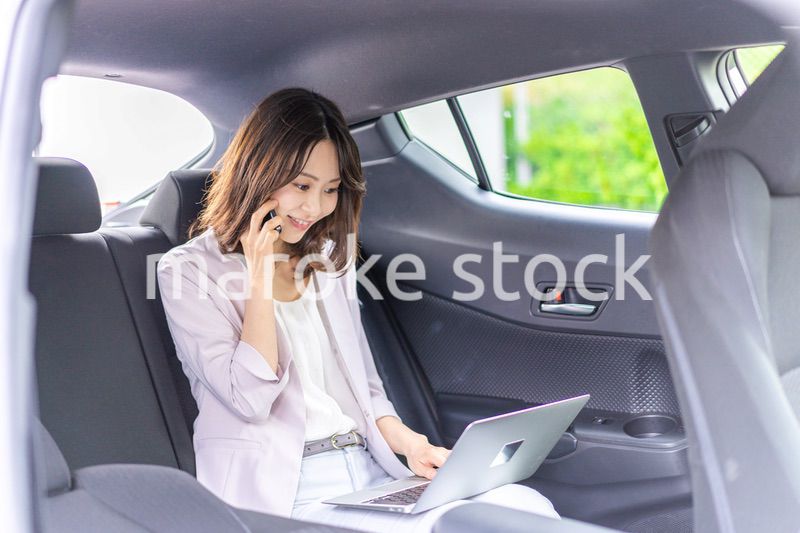 タクシーで仕事をする忙しいキャリアウーマン