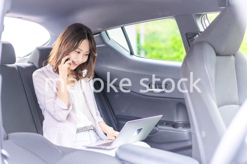 タクシーで仕事をする忙しいキャリアウーマン