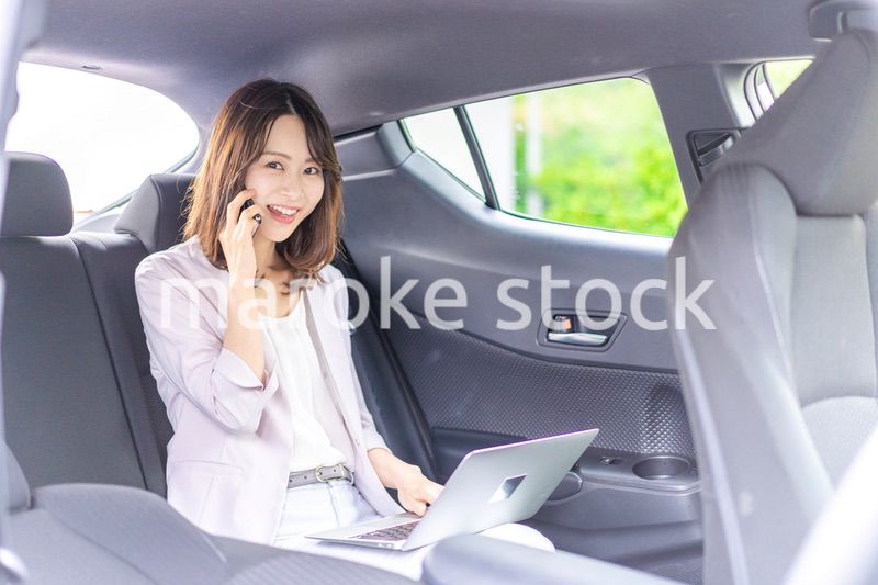 タクシーで仕事をする忙しいキャリアウーマン