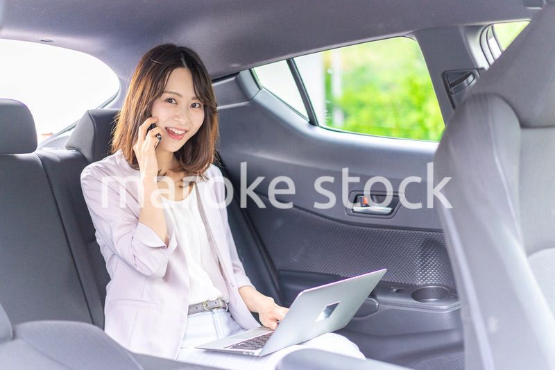 タクシーで仕事をする忙しいキャリアウーマン