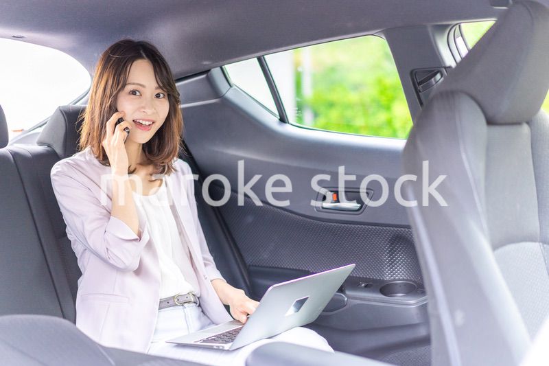 タクシーで仕事をする忙しいキャリアウーマン