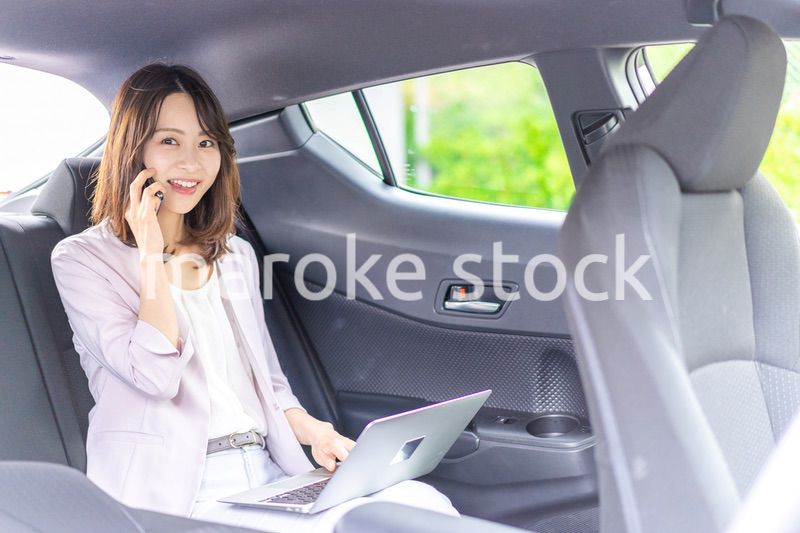 タクシーで仕事をする忙しいキャリアウーマン