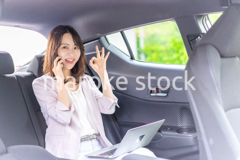 タクシーで仕事をする忙しいキャリアウーマン