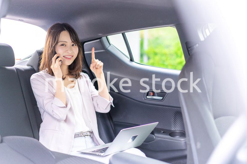 タクシーで仕事をする忙しいキャリアウーマン