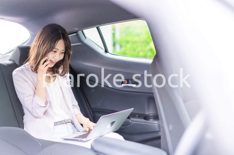 タクシーで仕事をする忙しいキャリアウーマン